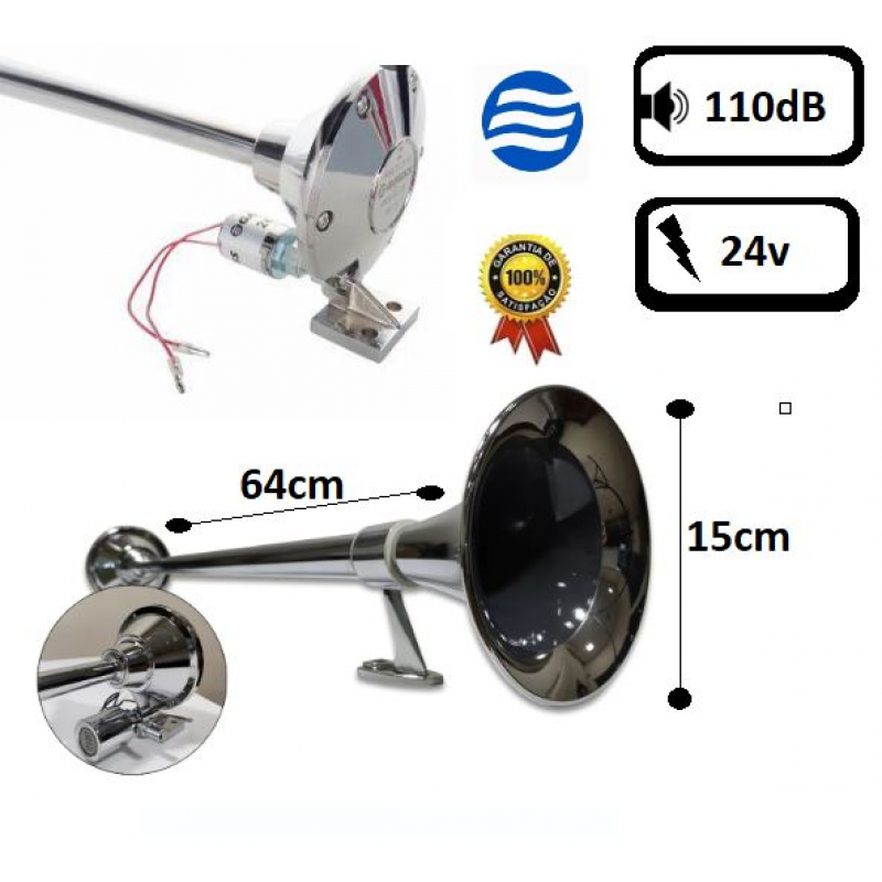 Buzina Ar 1 Corneta Cromada Valvula Eletrica 64cm - 24v Gauss